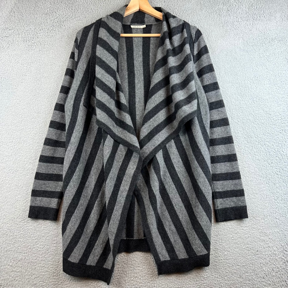 Sea Bleu 100% Cashmere Striped Open Front Draped Cardigan Sweater Gray Womens M